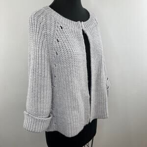 TRINA TURK Light Grey Thick Chunky Knit Ribbed Wool Blend Cardigan Sweater L